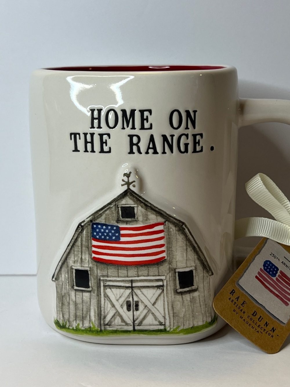 Rae Dunn Patriotic America Home On The Range Cream Red Barn Ceramic Mug New